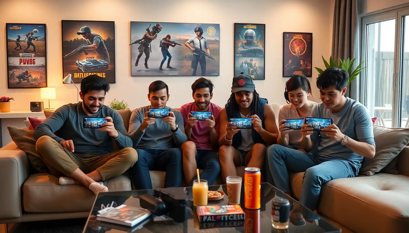 diverse group of gamers enjoying PUBG Mobile in a modern living room.