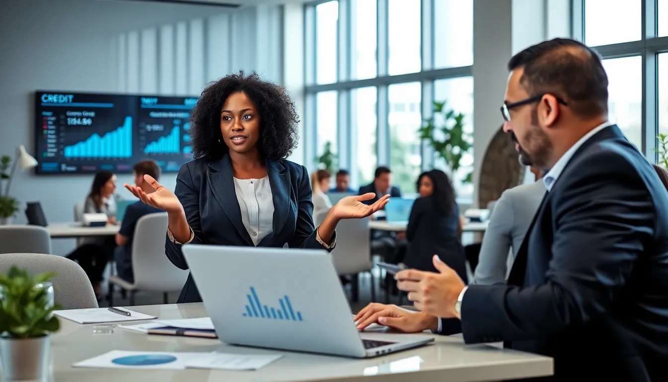 diverse team discussing credit history in a modern office.
