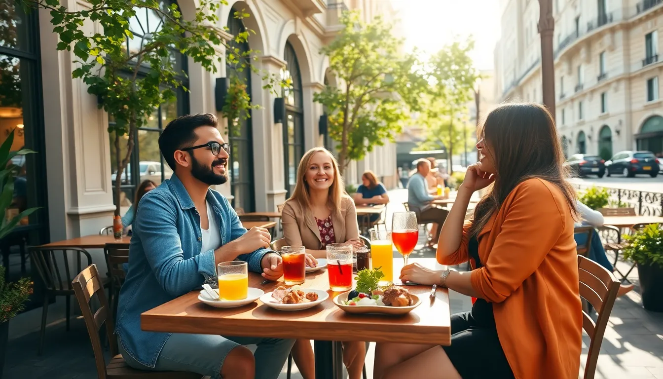 diverse travelers enjoying brunch at a stylish outdoor caf&eacute;.