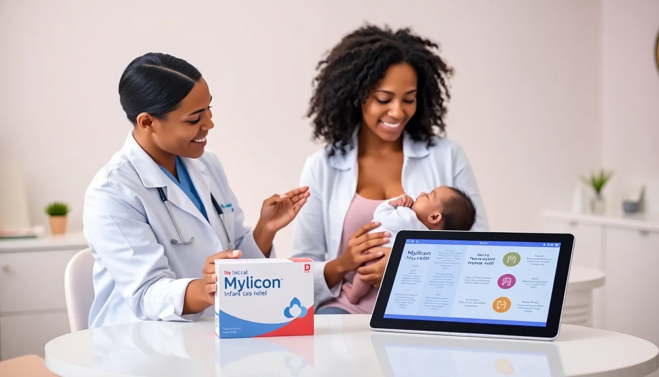 healthcare professional discussing Mylicon with a new mother and her baby.