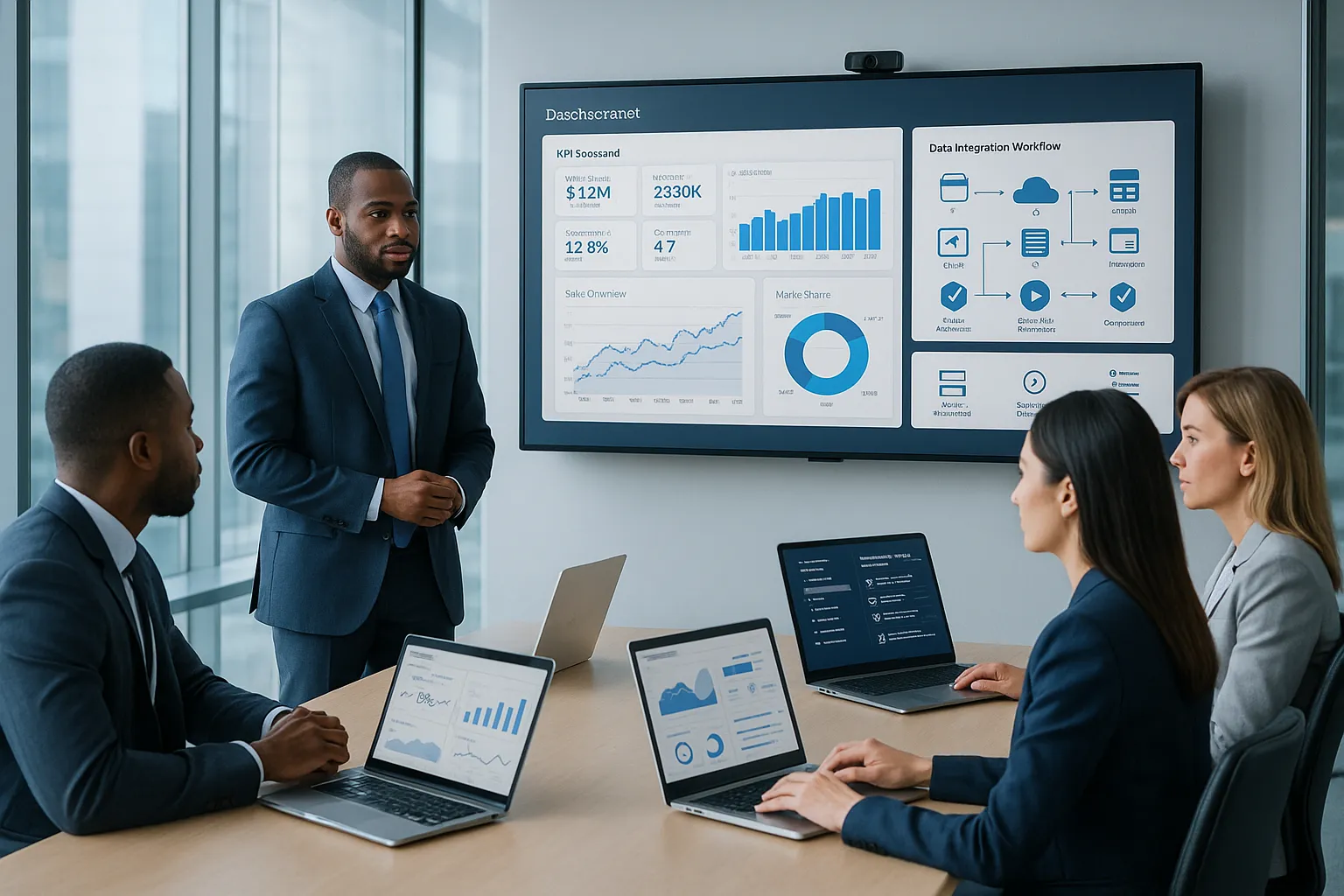 Professionals reviewing BI dashboards and reports in a modern office.
