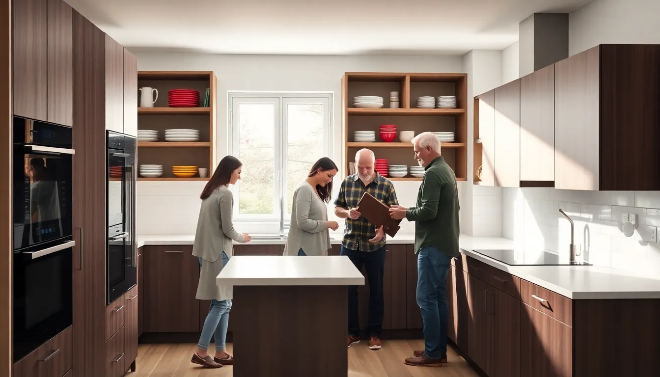 diverse homeowners assembling Ikea kitchen cabinets in a modern setting.