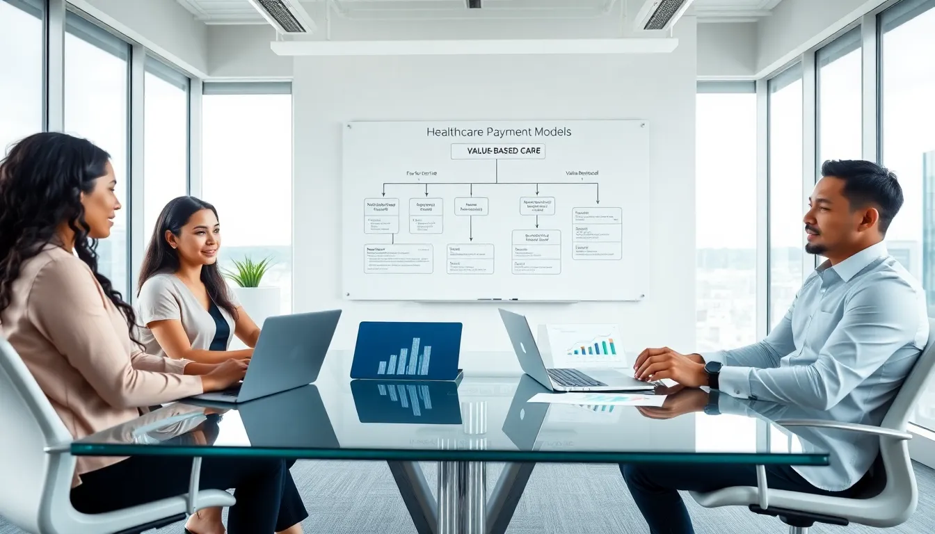 healthcare professionals discussing payment models in a modern office.