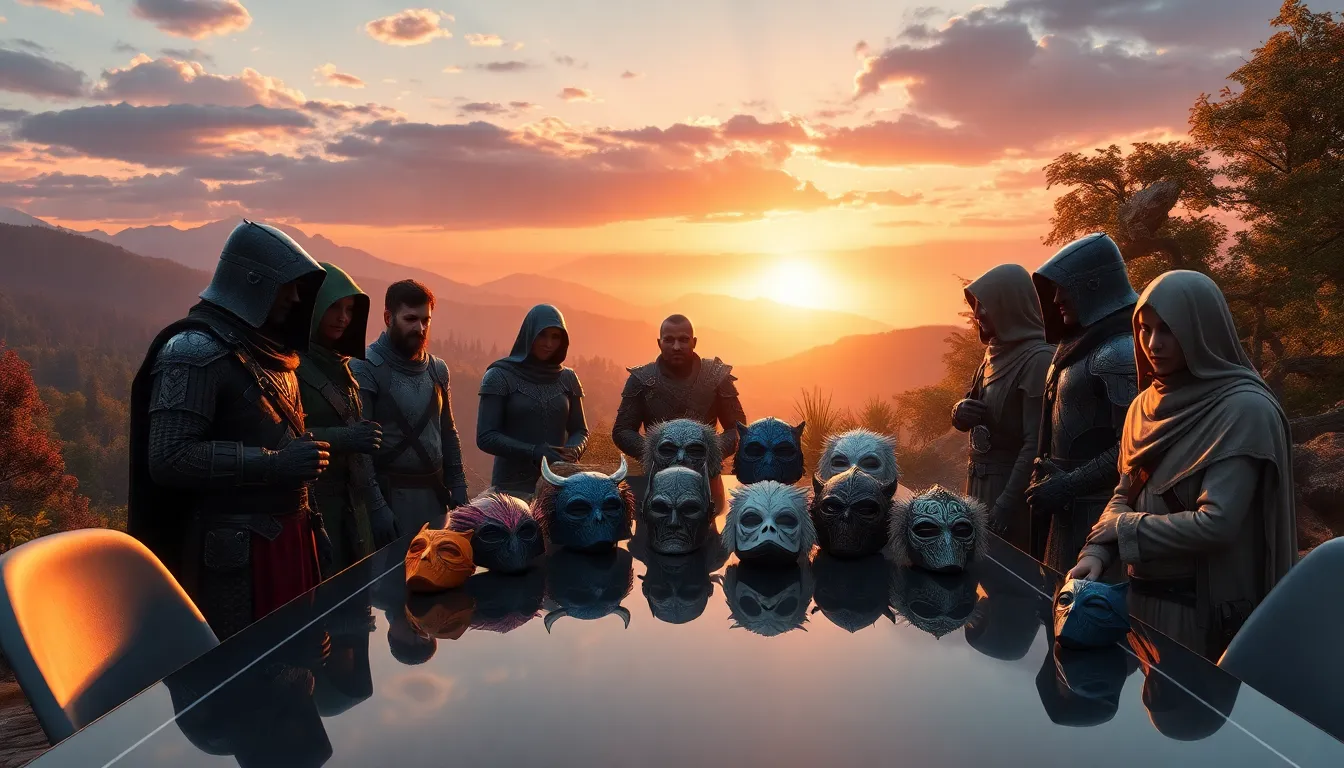 diverse gamers showcasing creative Skyrim face masks in a scenic landscape.