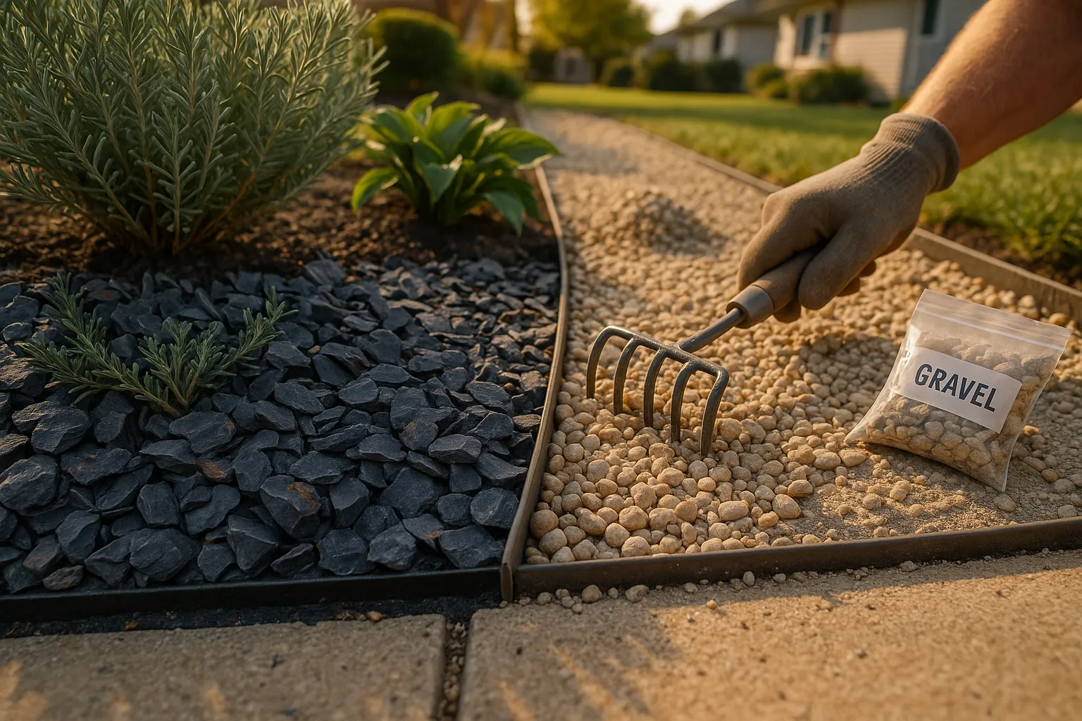 Close-up of garden bed comparing dark slate chips and light rounded gravel.