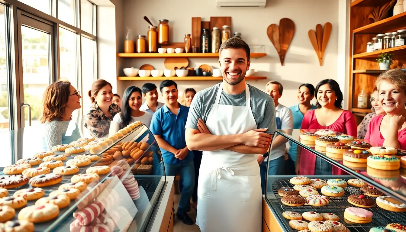 Jackson in a modern bakery showcasing beautifully decorated cookies.