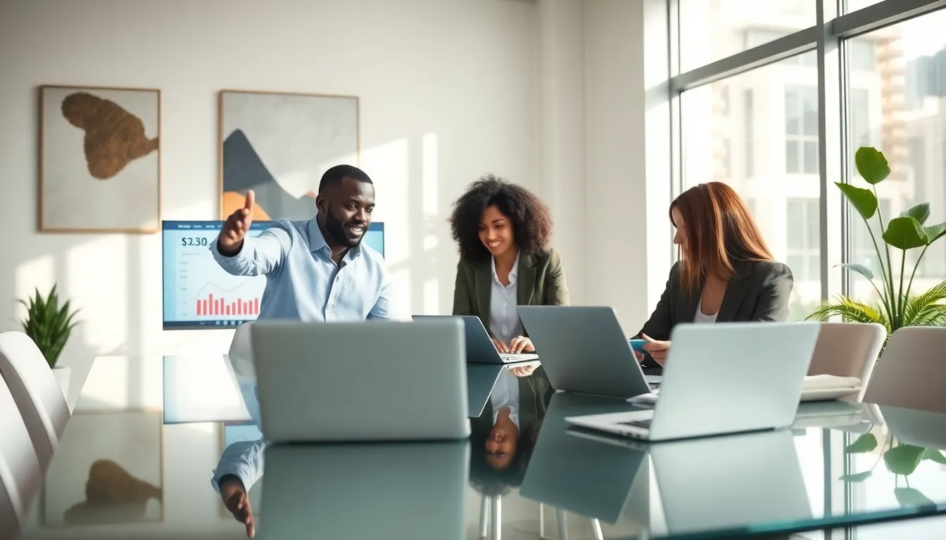 diverse professionals discussing stock market trends in a modern office.