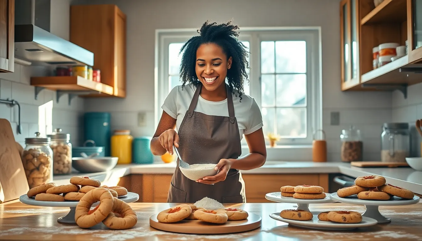 baker in a cozy kitchen with fresh cookies on display.