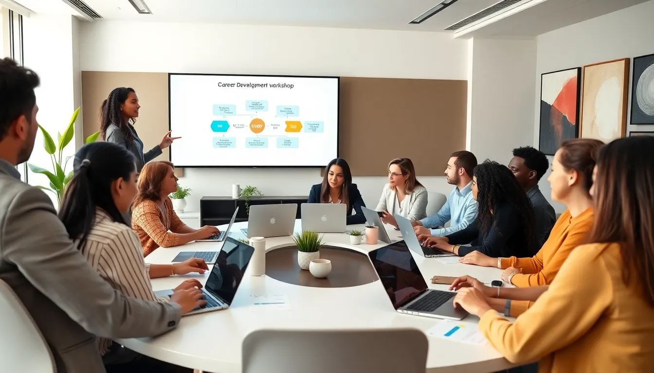 diverse professionals in a modern workshop discussing career development stages.