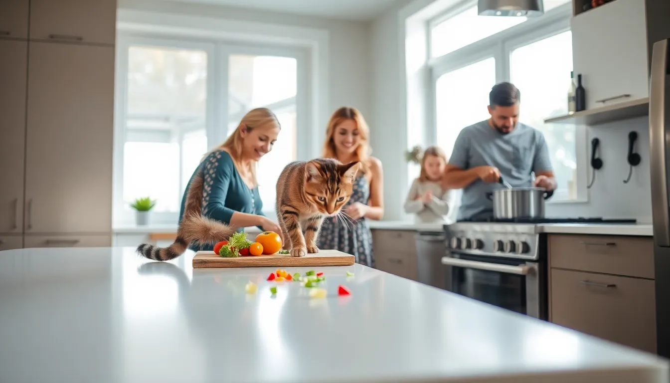 A curious cat in a modern kitchen with family cooking.
