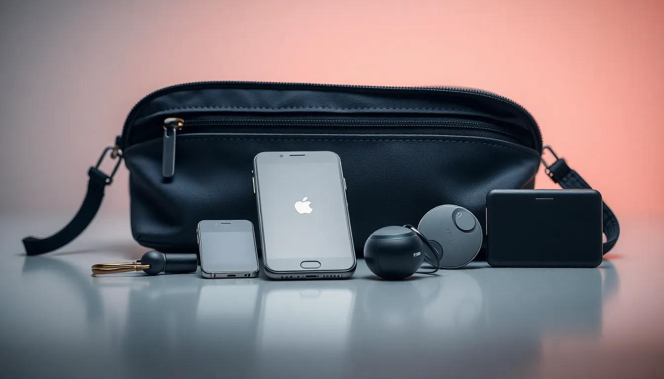 modern gadgets displayed beside a zipper pouch in a minimalist workspace.