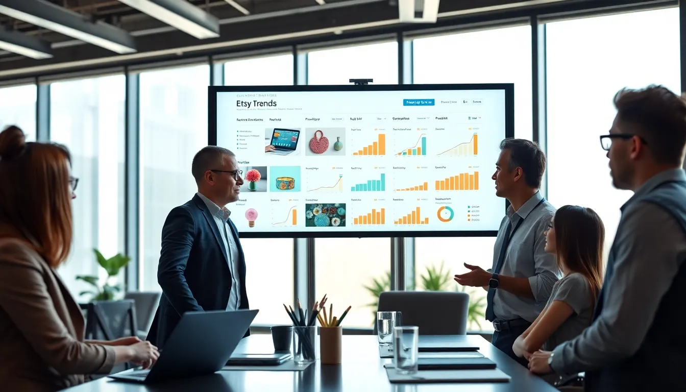 diverse team analyzing Etsy trends in a modern office setting.