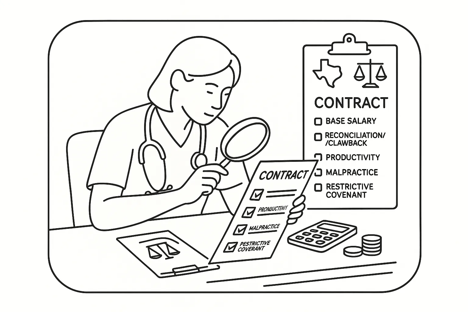 Nurse practitioner examining a contract with magnifying glass, calculator, and Texas icon of Texas Nurse Practitioner Contract Review.