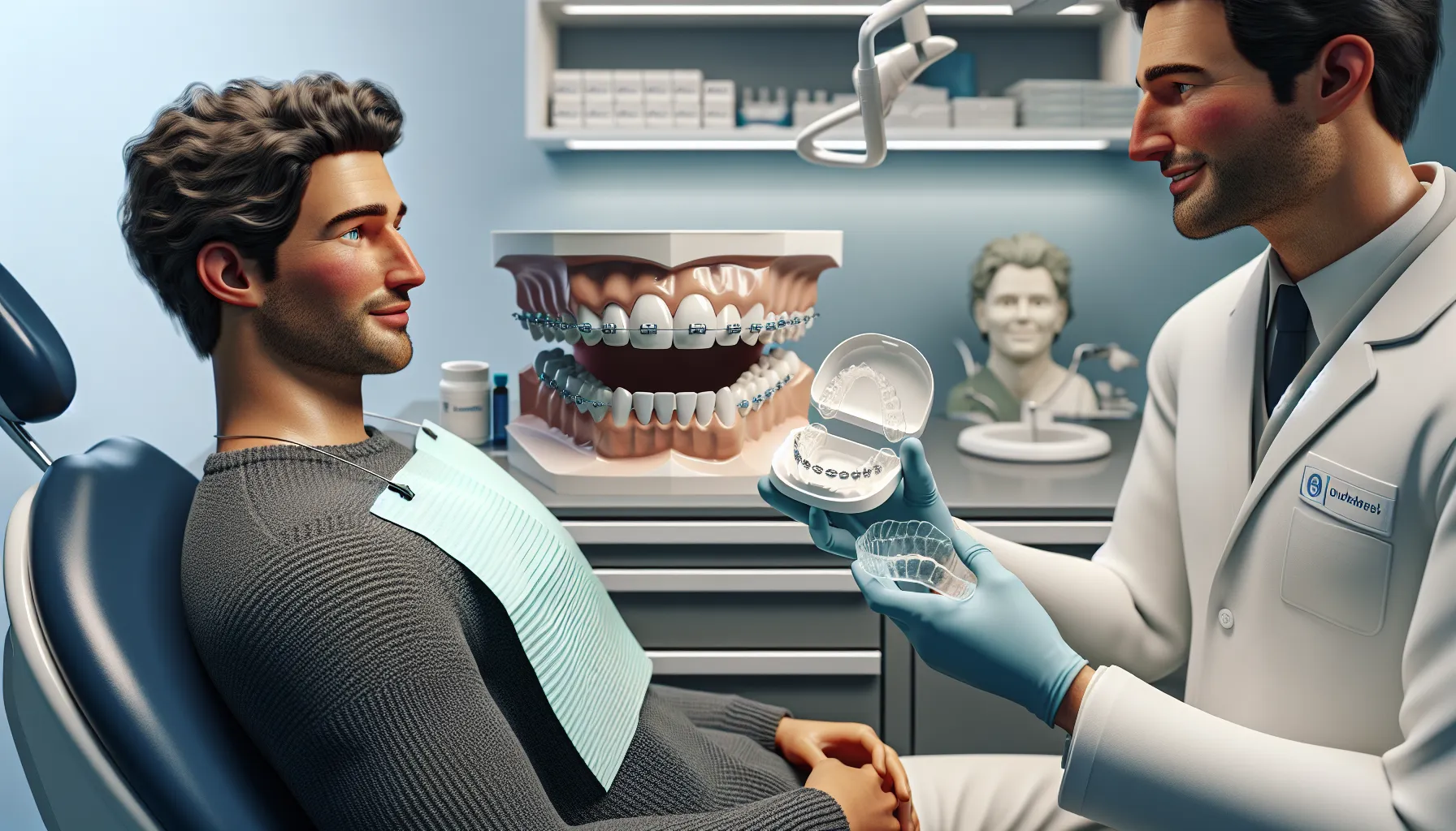 Orthodontist in a norwegian clinic showing aligners and bite model to patient.