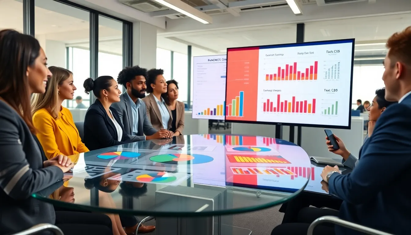 diverse team discussing budgeting images in a modern office.