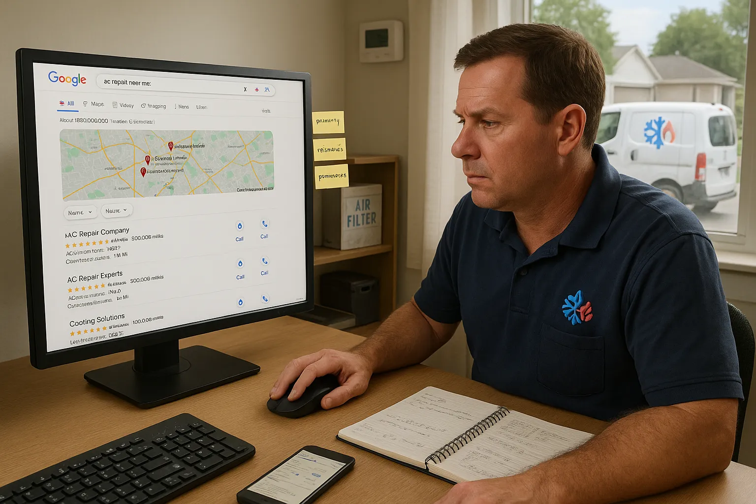 HVAC business owner reviewing Google local search results on a desktop computer.