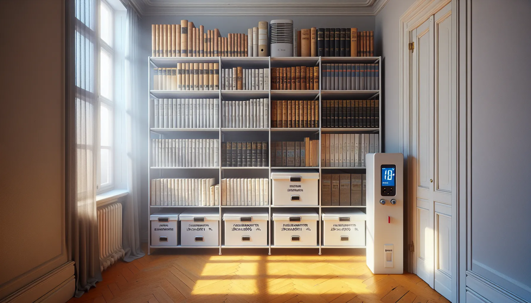 De beste tipsene for å lagre bøker og dokumenter 1 Norwegian home library with hygrometer, uv-filtered window, and archival storage boxes.