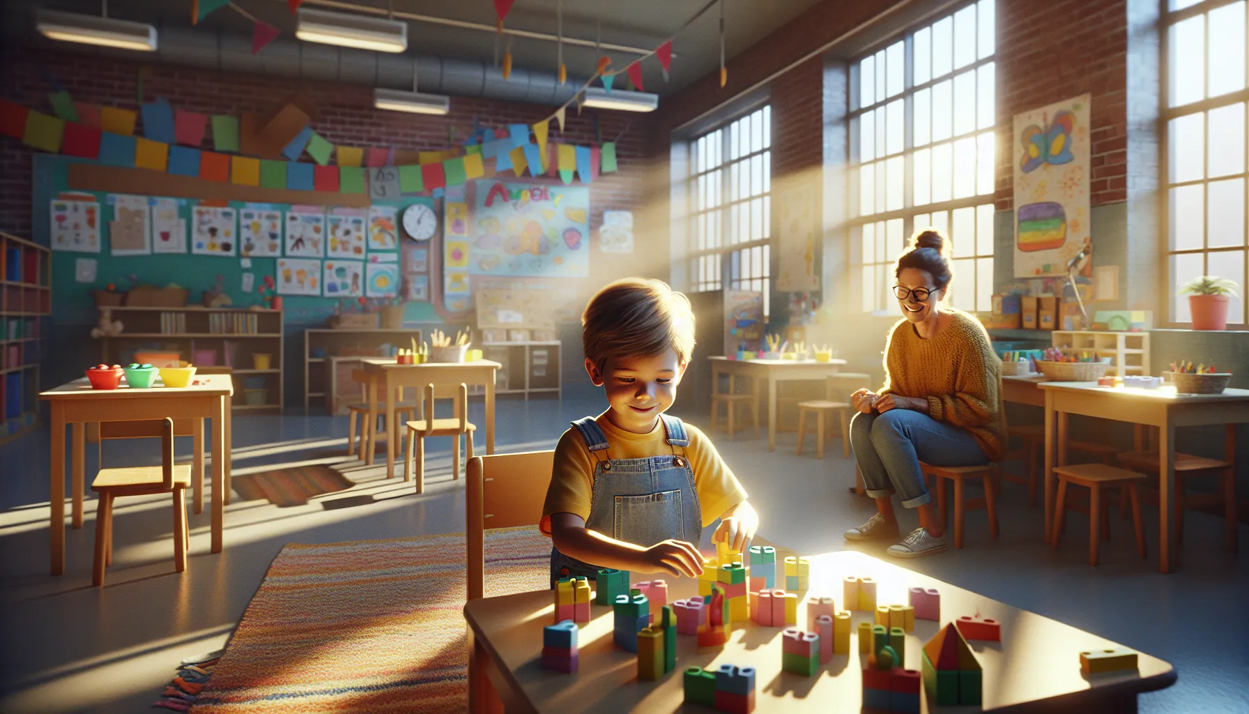 A child playing with building blocks in a bright classroom setting.