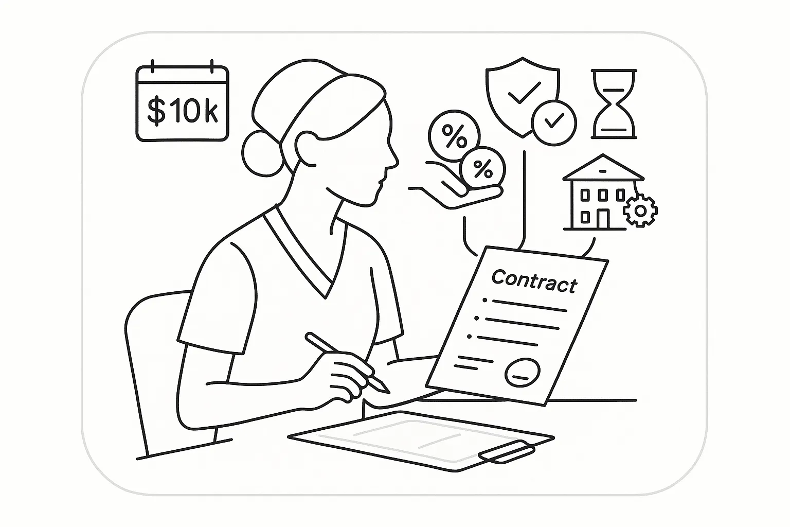 Nurse practitioner reviewing a loan-benefit contract with icons for five benefit types.