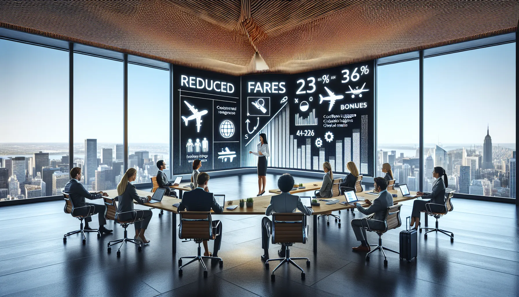 diverse team discussing travel discount codes in a modern office