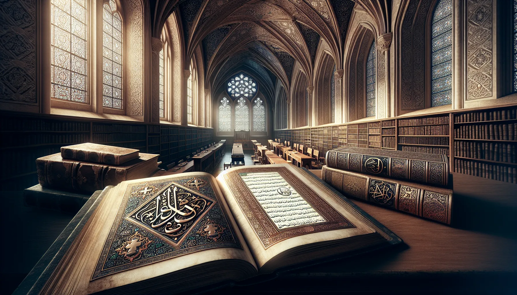 A Christian manuscript and a Quran displayed in a historic library setting.