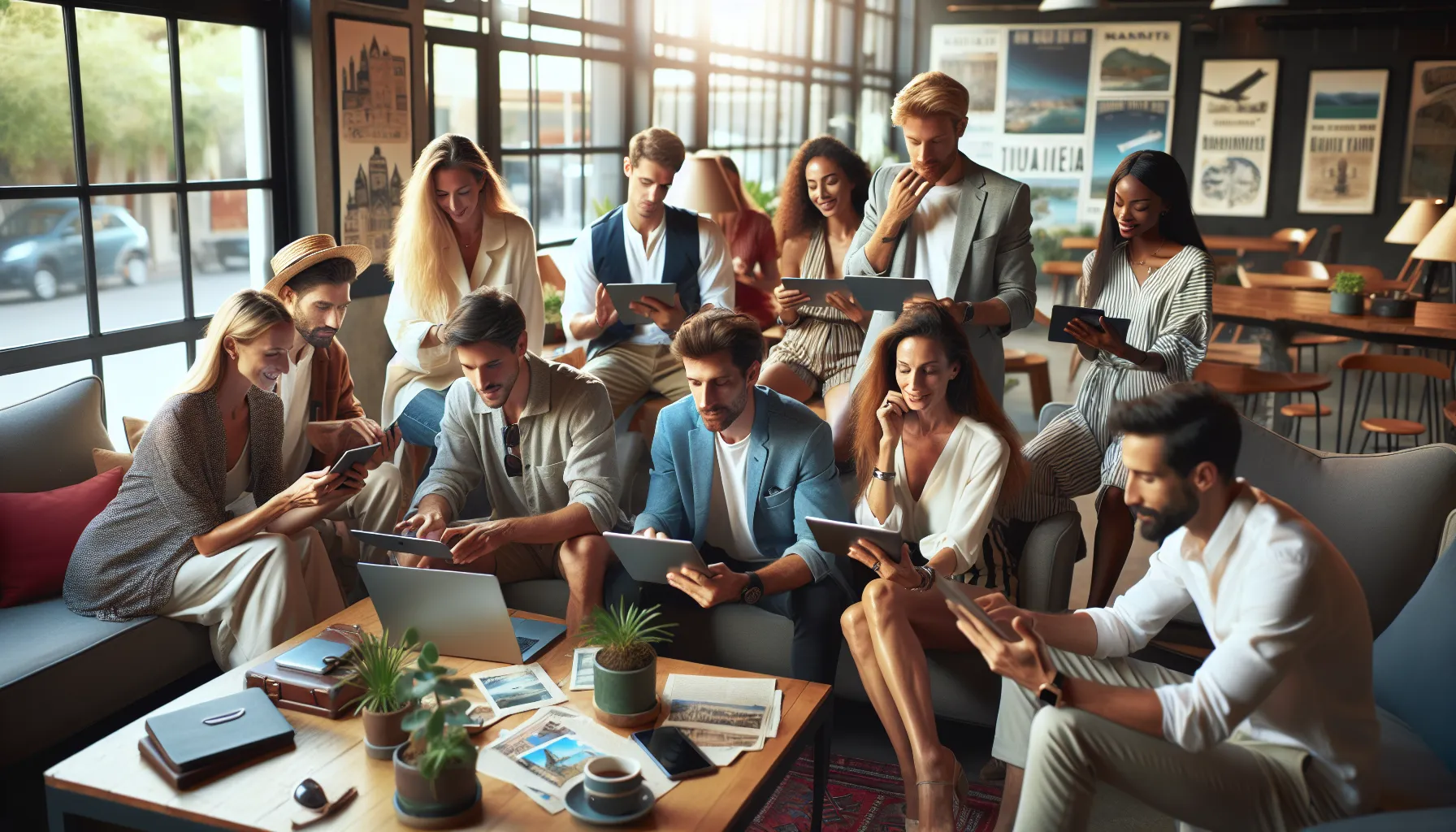 diverse group of travelers discussing experiences in a modern workspace.