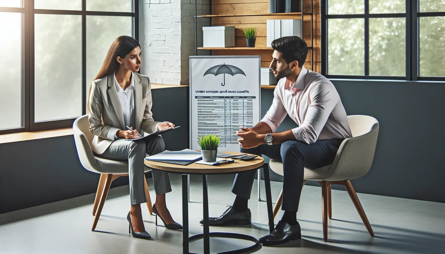 An insurance advisor consulting a client on liability policies in a modern office.