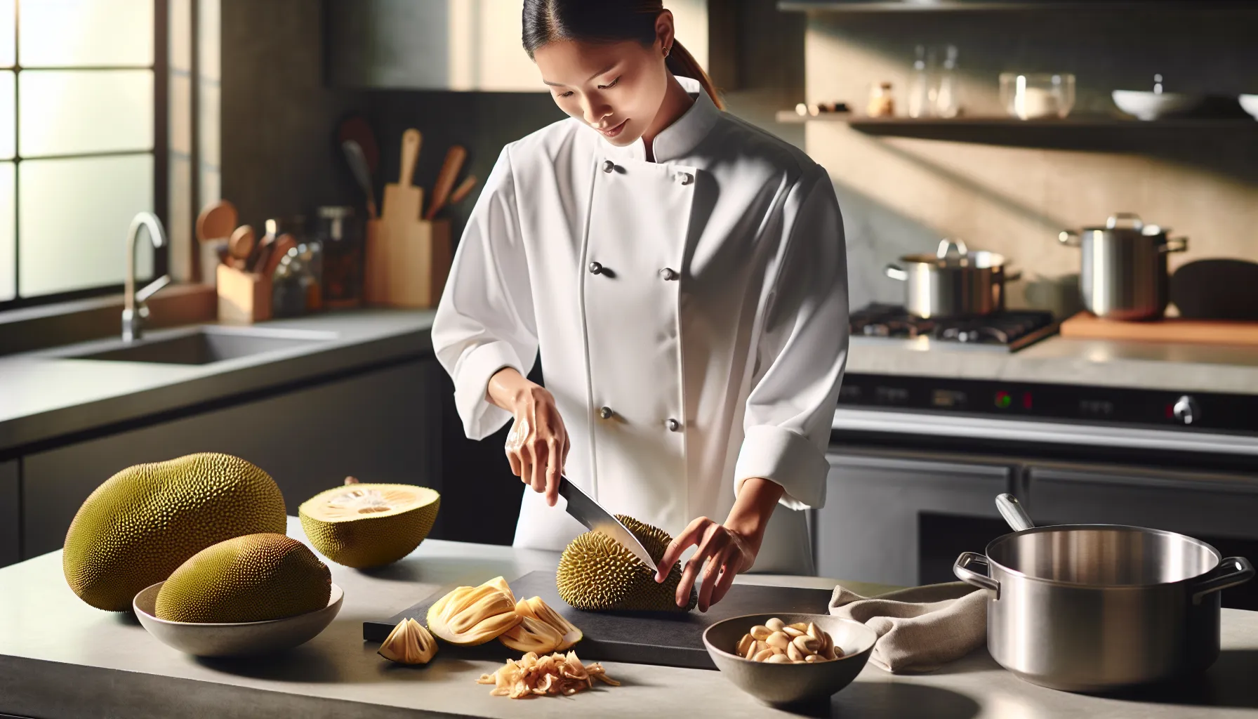 Chef preparing jackfruit in a modern kitchen.