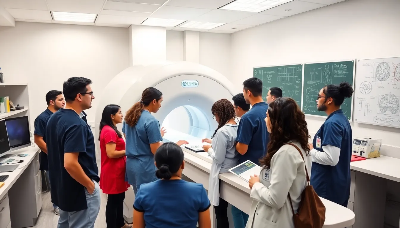 diverse students in a lab learning MRI technology.