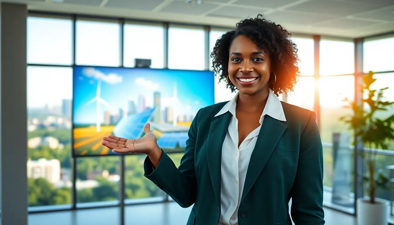 Naomi Bennett showcasing energy solutions in a modern office.