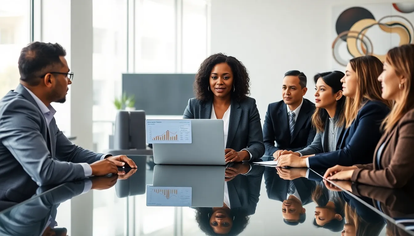 diverse professionals discussing Robotic Process Automation in a modern office setting.