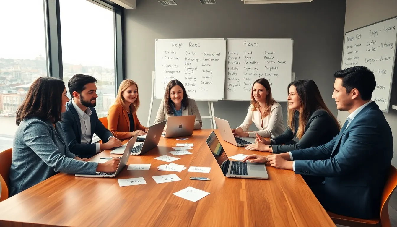 diverse professionals discussing language learning in a modern office.