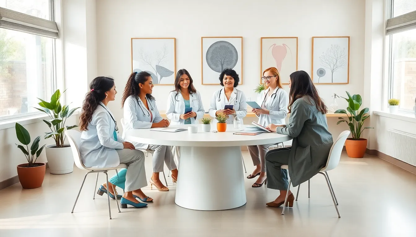 Diverse female healthcare professionals collaborating in a modern health facility.
