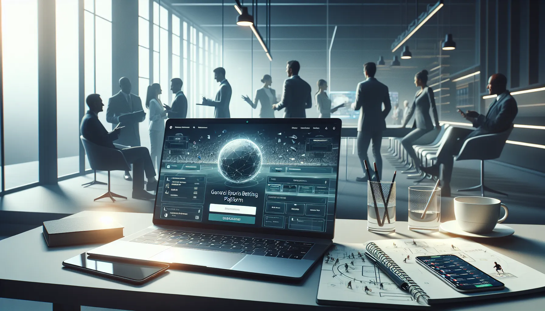 laptop displaying Betproexch login with diverse professionals discussing sports.