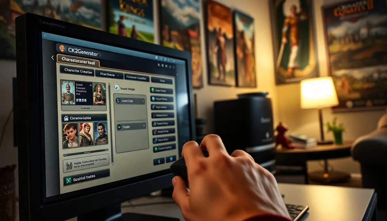 A gamer creating characters on CK2Generator in a cozy room.