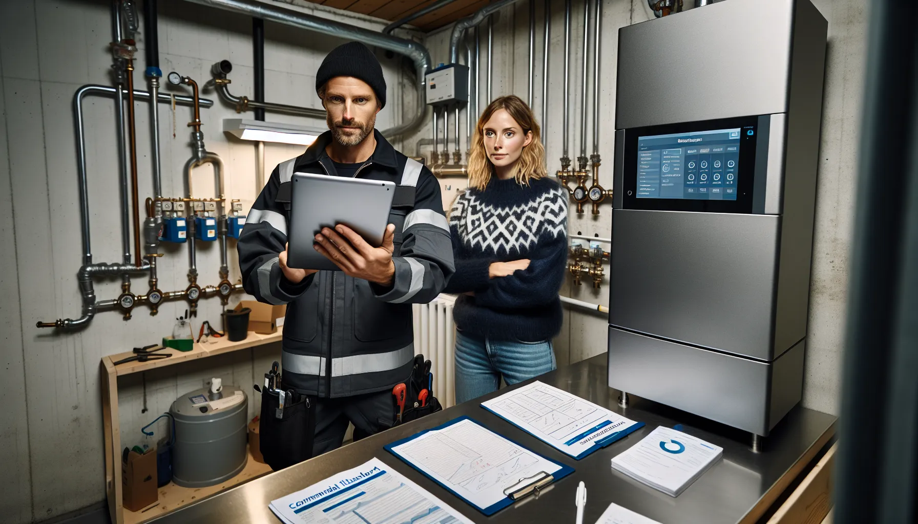 Installer and resident review norwegian heat pump grant on tablet in utility room.