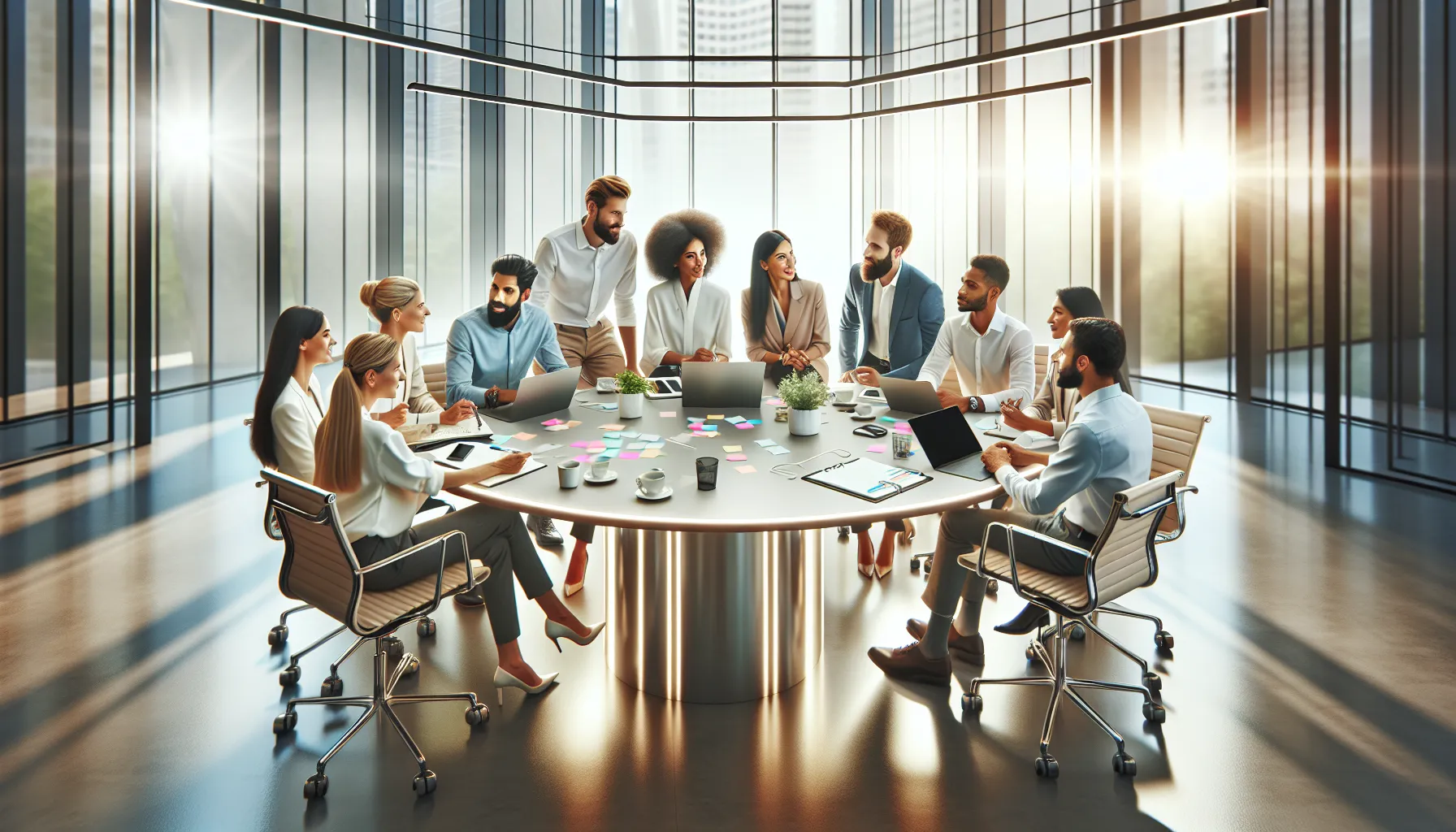 diverse professionals collaborating in a modern office setting.
