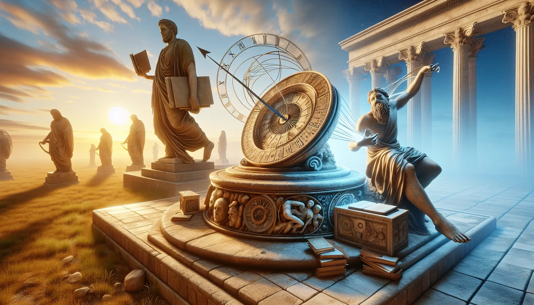 A sundial surrounded by sculptures of ancient and modern representations of time.