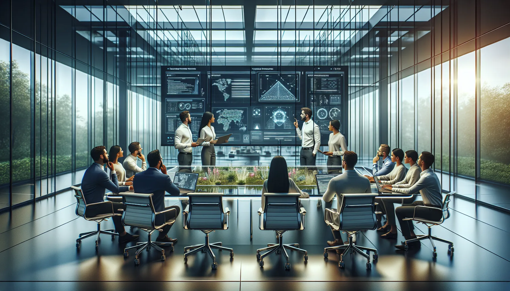 diverse IT team discussing software upgrades in a modern office.