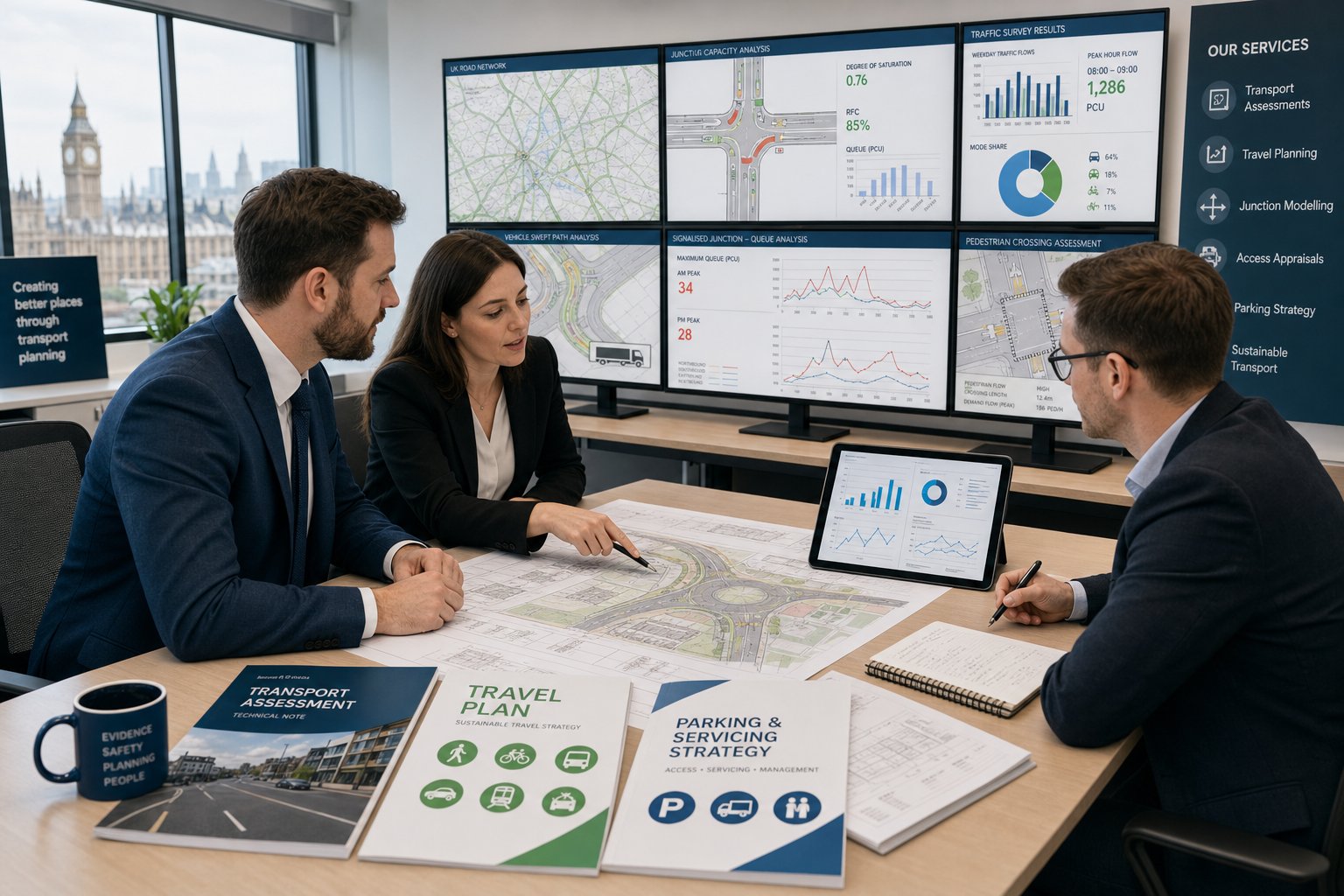 Transport consultants reviewing traffic data and junction plans in a modern office.
