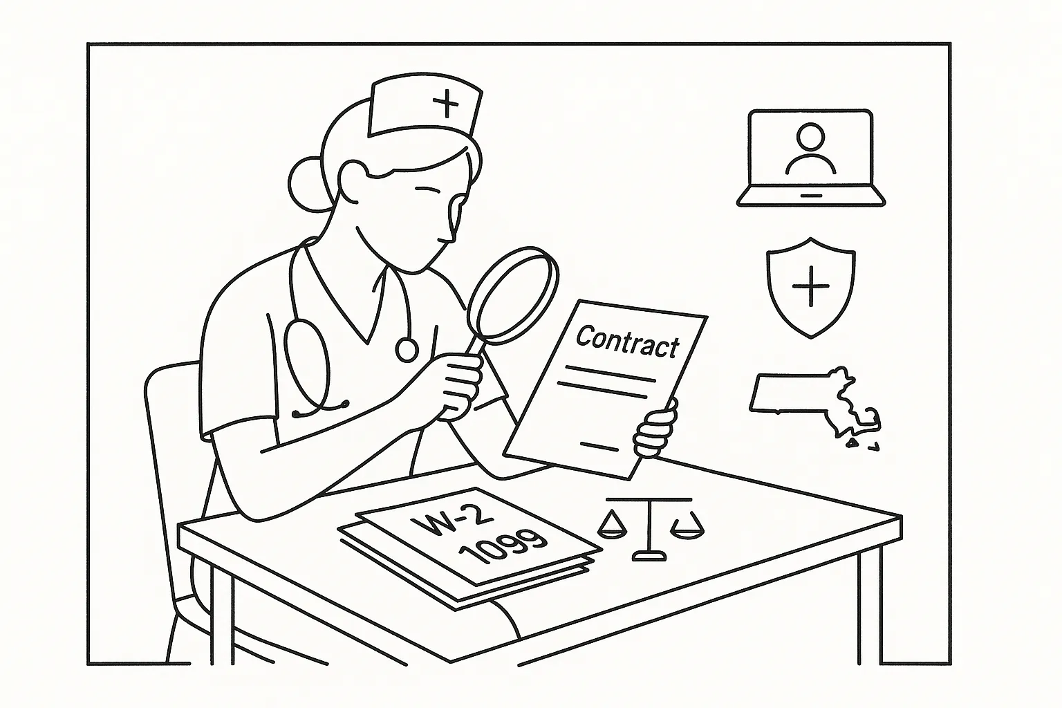 Nurse practitioner reviewing a contract with magnifying glass and relevant icons of Massachusetts Nurse Practitioner Contract Review.