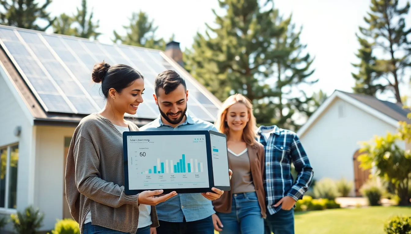 family interacting with a digital dashboard in a solar-powered home.