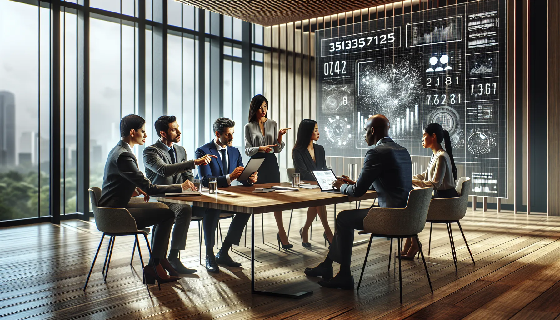 diverse professionals discussing technology applications in a modern office.