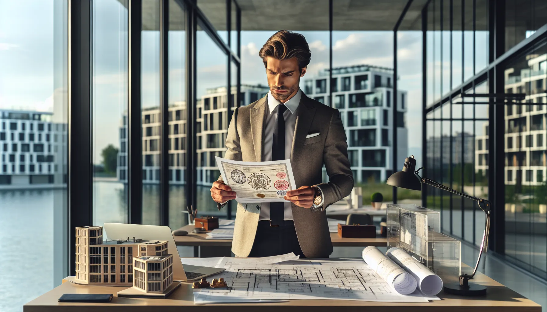 Croatian professional reviewing building permit document in modern office