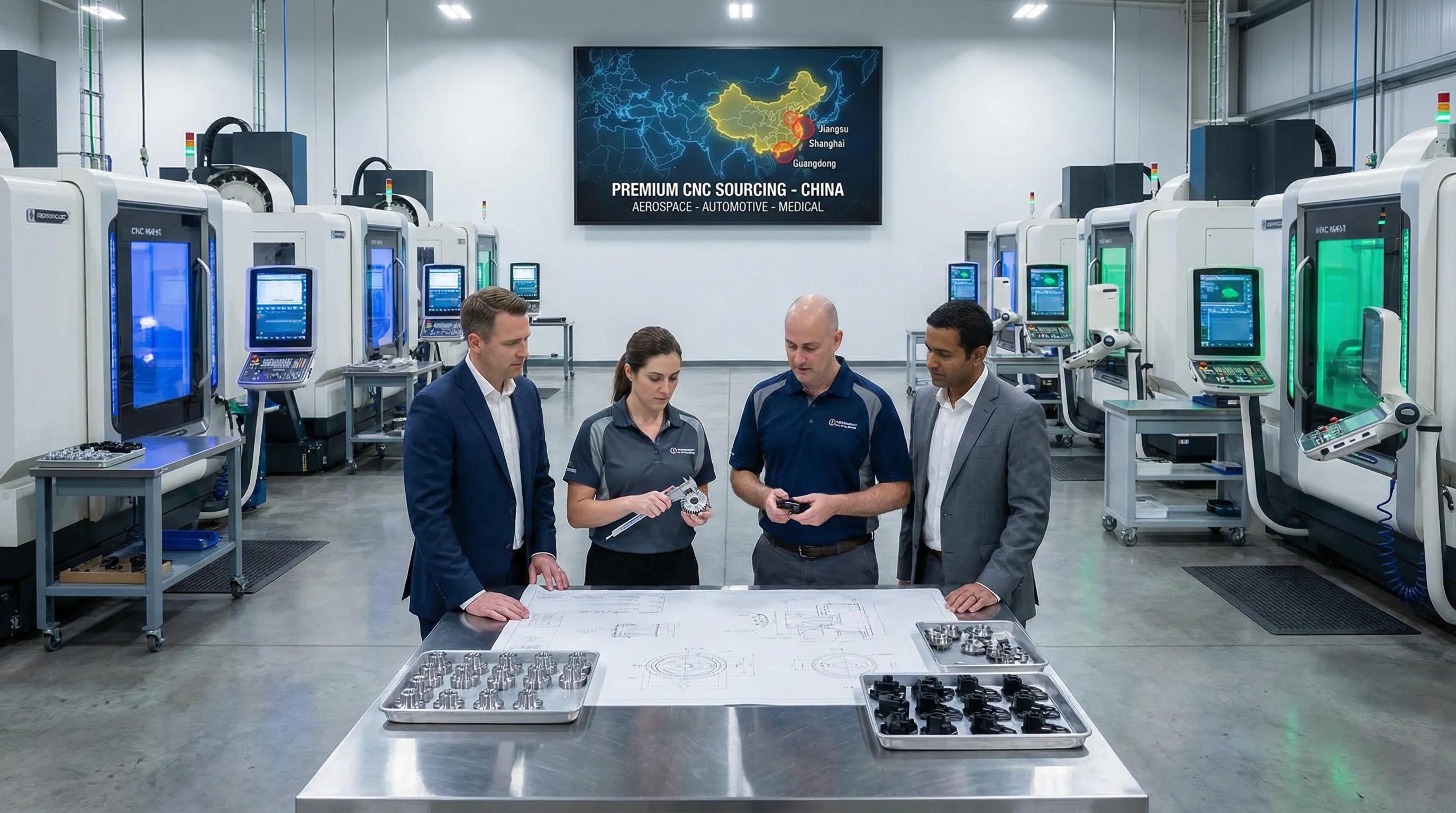 Engineers review CNC machined parts in a modern manufacturing facility.