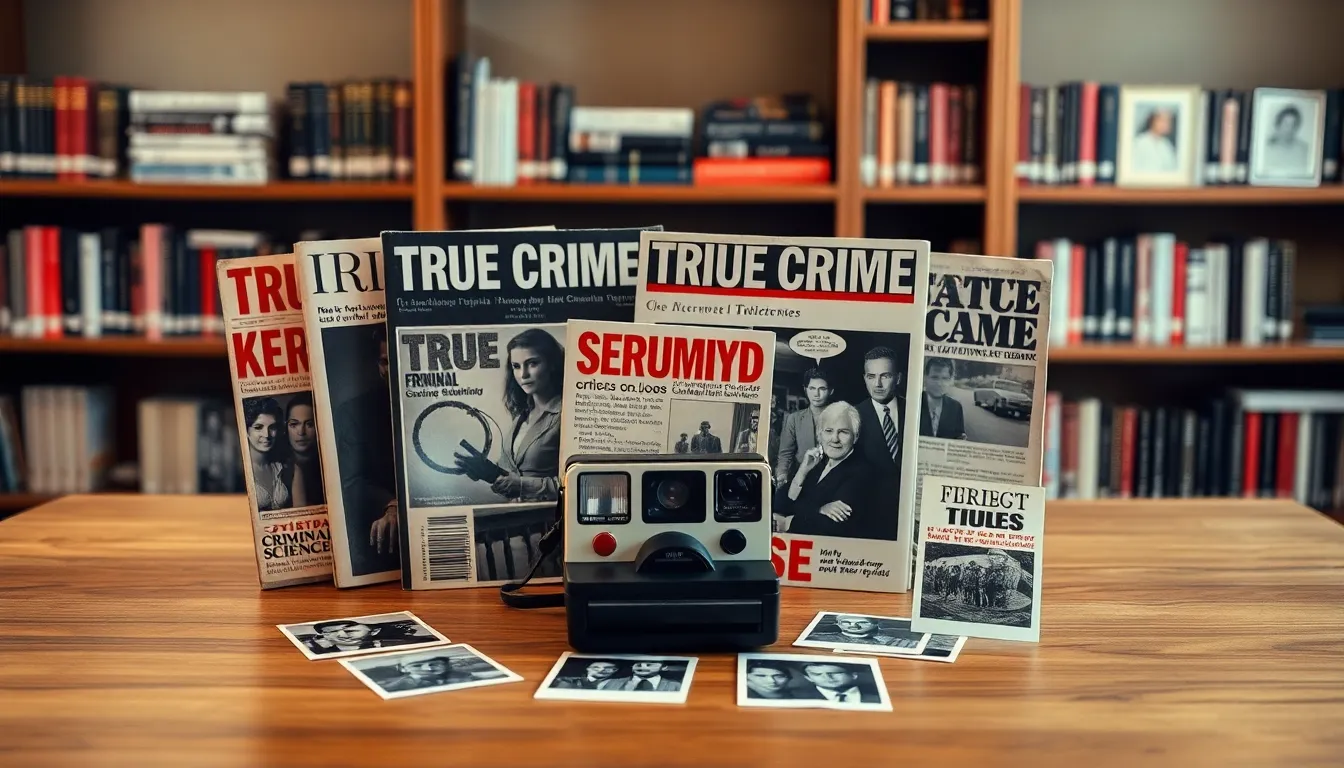 vintage true crime magazines and a Polaroid camera on a wooden table.
