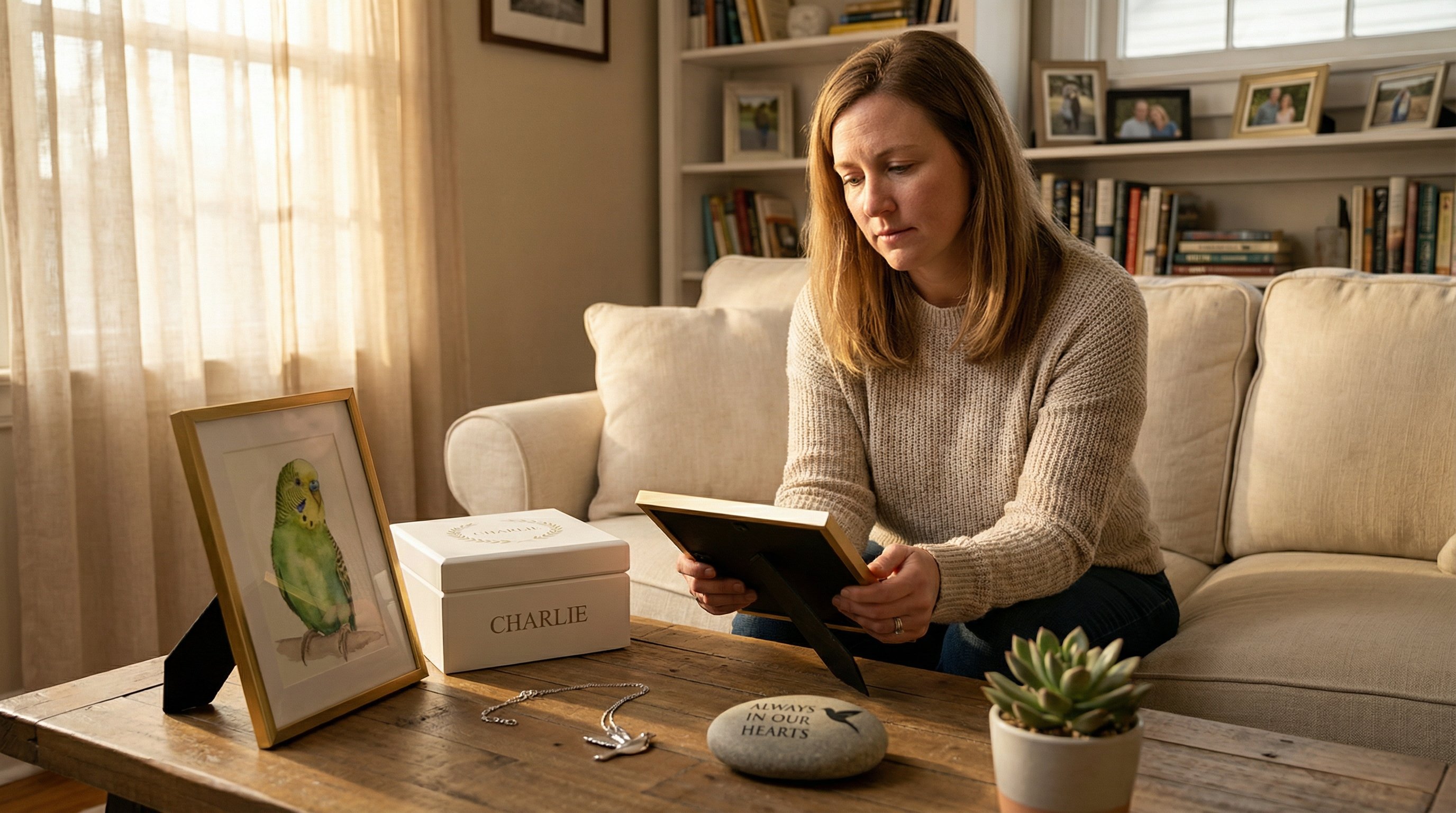 Woman thoughtfully choosing among bird memorial gifts on a coffee table.
