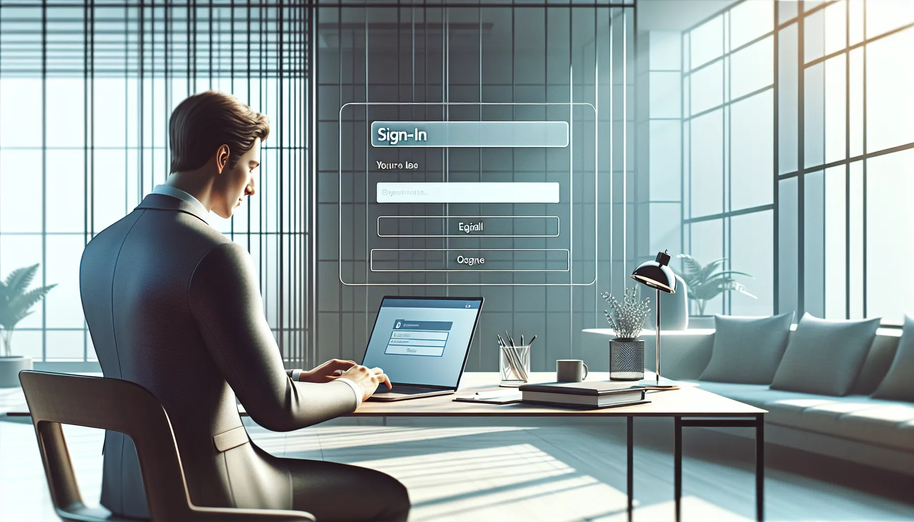 individual signing into HBO Max on a laptop in a modern office.