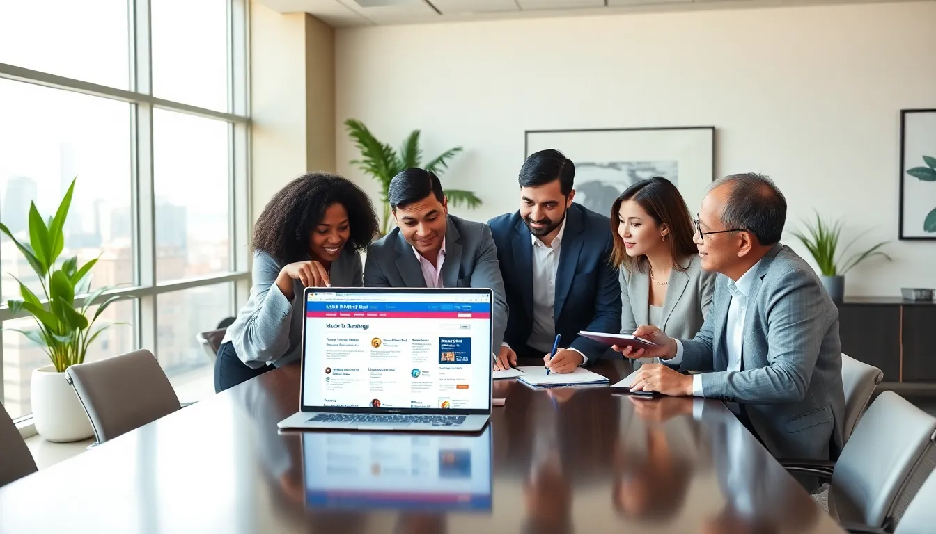 diverse professionals discussing university rankings in a modern office.