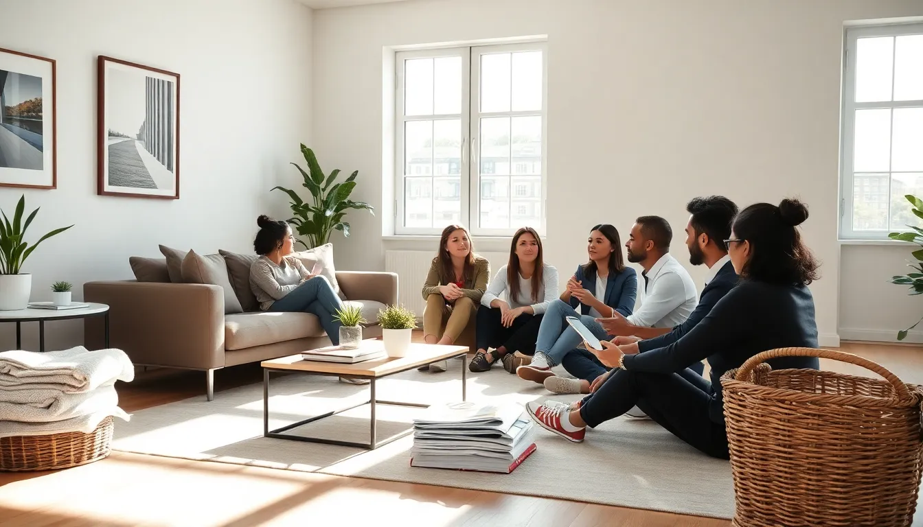 modern living room highlighting cleanliness and productivity with a diverse group brainstorming.